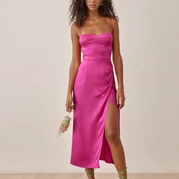 Reformation Marguerite Cocktail Midi Dress in Pink Flambe 100% Silk Size 10 NWT - Picture 3 of 10
